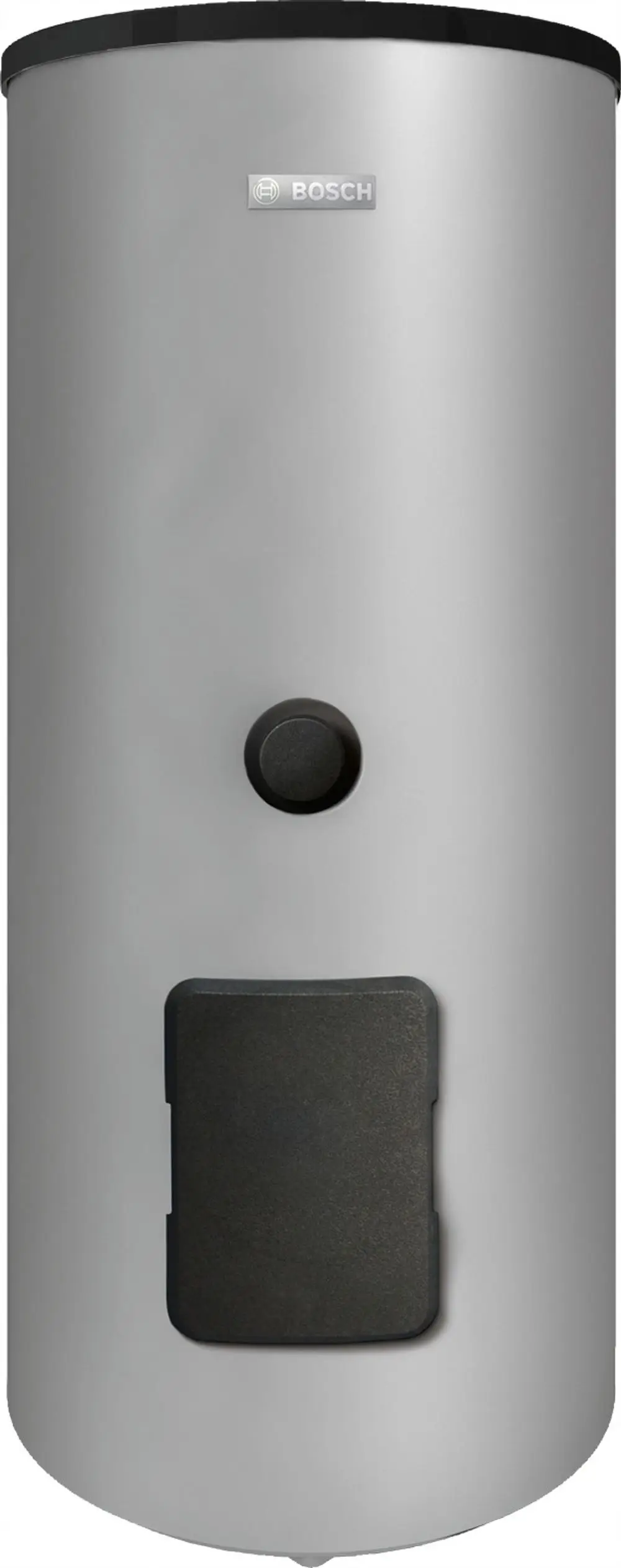 Bosch-Warmwasserspeicher in zylindrischer Form, silbernes Gehäuse mit schwarzem Deckel und Bedienelementen, steht auf einem neutralen Hintergrund.